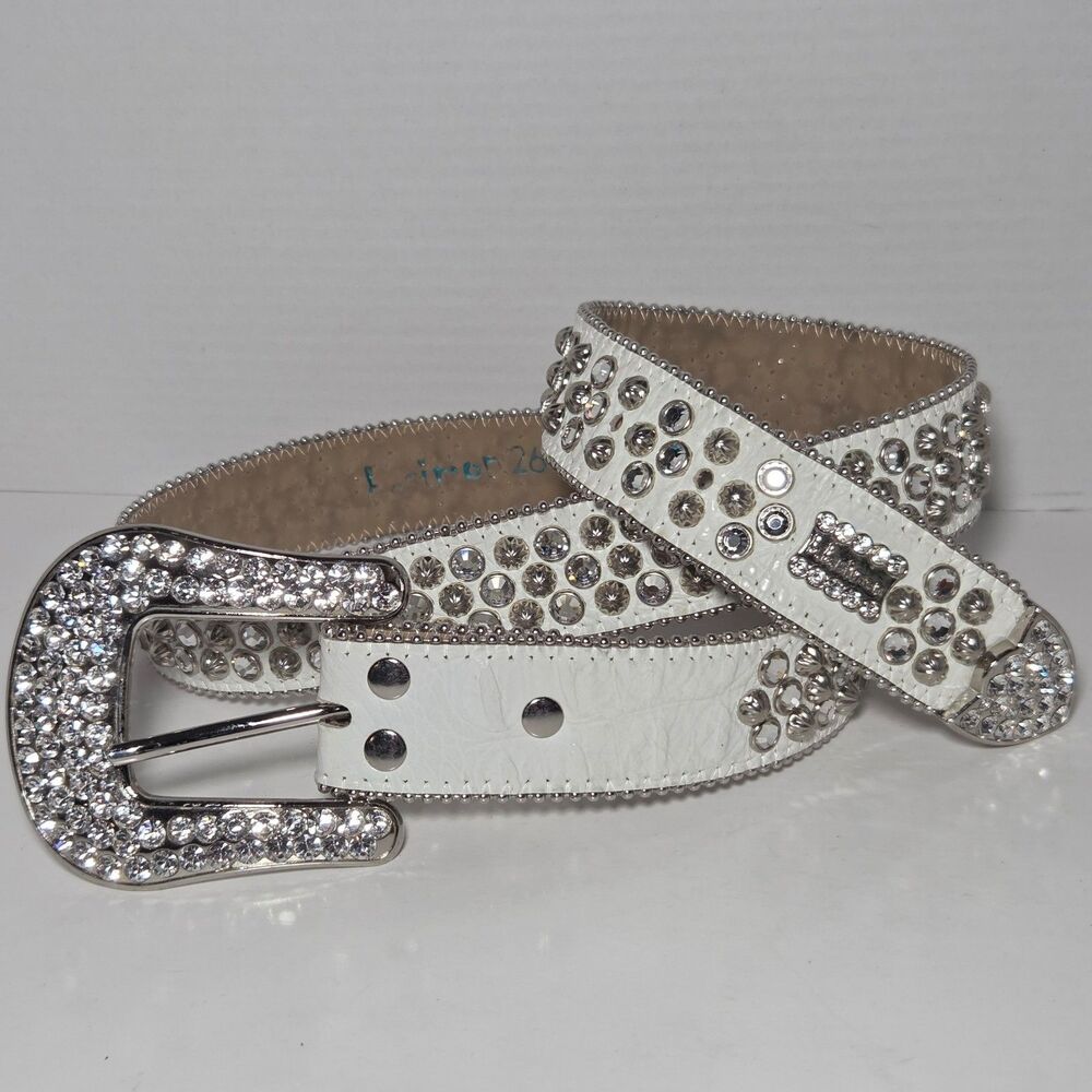 BB Simon Lavasan Kish Crystal Belt White Leather Rhinestone 40 McBling Western